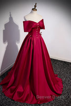 Wine Red Satin Sweetheart Long Evening Dresses, Wine Red Satin Prom Dresses