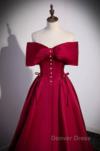 Wine Red Satin Sweetheart Long Evening Dresses, Wine Red Satin Prom Dresses