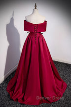 Wine Red Satin Sweetheart Long Evening Dresses, Wine Red Satin Prom Dresses