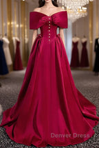 Wine Red Satin Sweetheart Long Evening Dresses, Wine Red Satin Prom Dresses