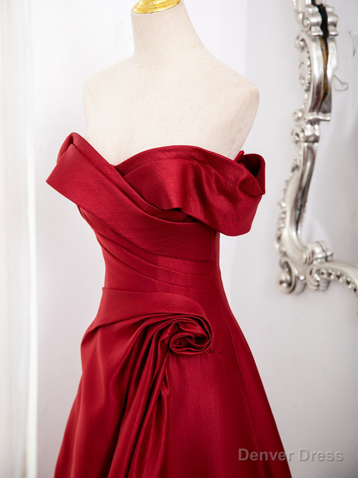 Wine Red Satin Sweetheart Off Shoulder Prom Dress, Wine Red Prom Dresses with Leg Slit Secondary image