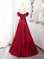 Wine Red Satin Sweetheart Off Shoulder Prom Dress, Wine Red Prom Dresses with Leg Slit