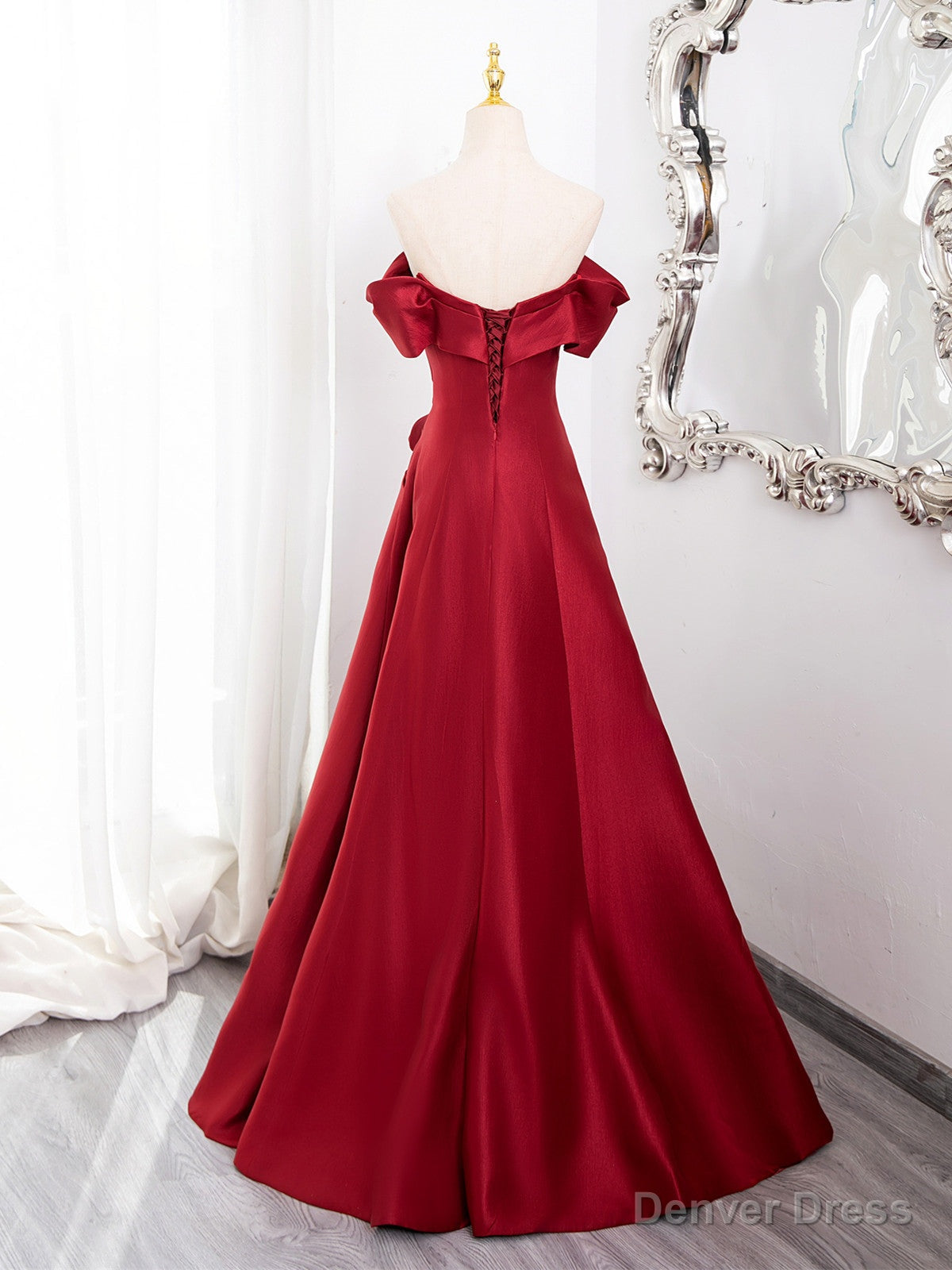 Wine Red Satin Sweetheart Off Shoulder Prom Dress, Wine Red Prom Dresses with Leg Slit