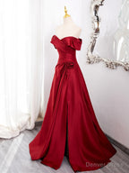 Wine Red Satin Sweetheart Off Shoulder Prom Dress, Wine Red Prom Dresses with Leg Slit