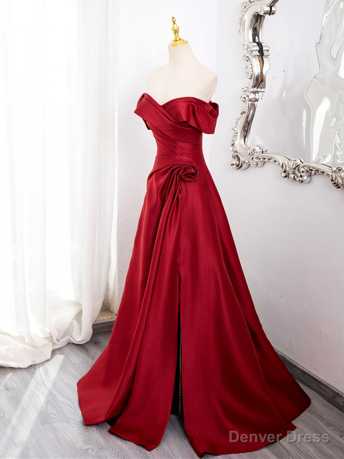 Wine Red Satin Sweetheart Off Shoulder Prom Dress, Wine Red Prom Dresses with Leg Slit