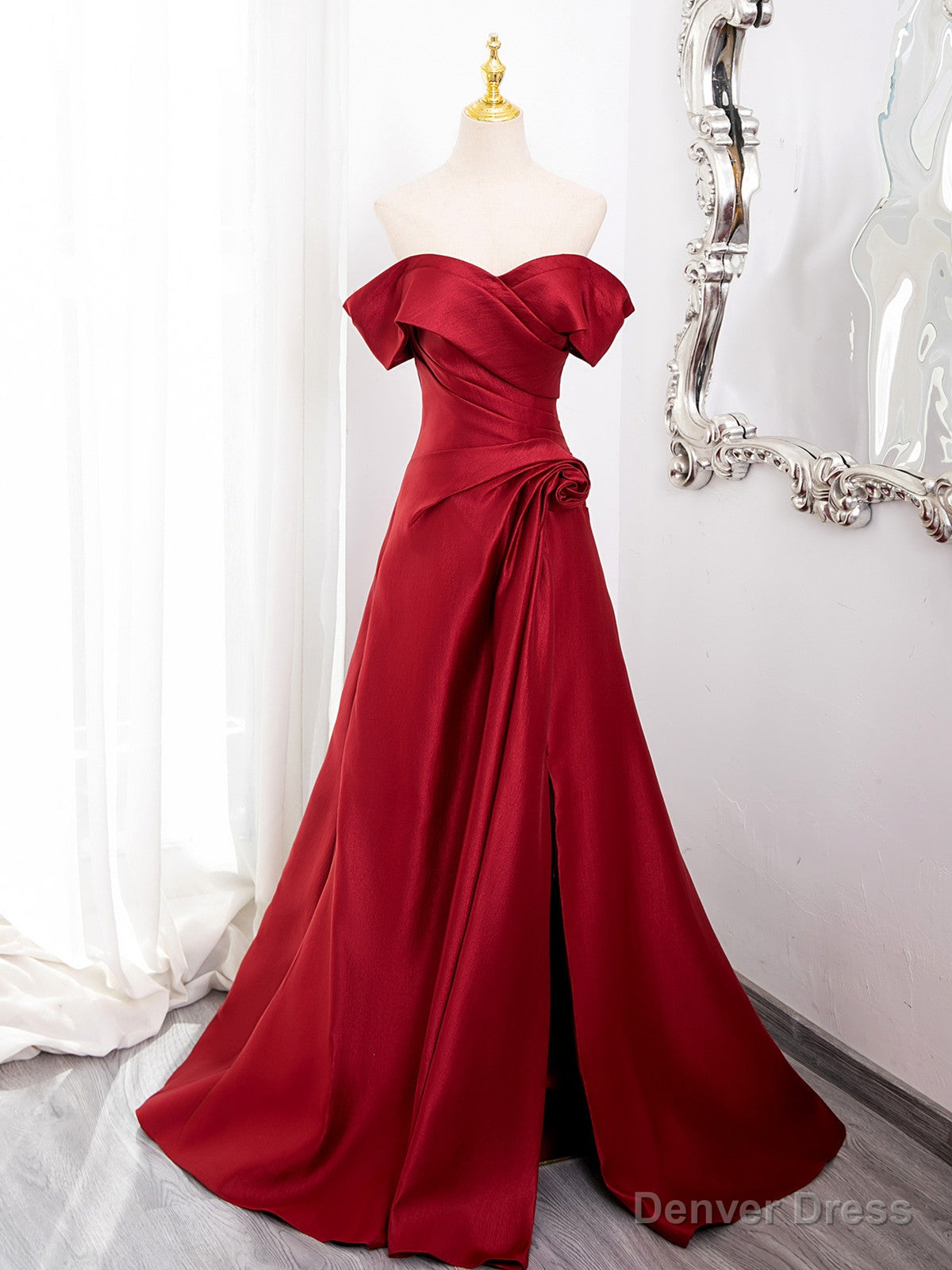 Wine Red Satin Sweetheart Off Shoulder Prom Dress, Wine Red Prom Dresses with Leg Slit Main image
