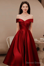 Wine Red Satin Tea Length Bridesmaid Dress Prom Dress, Burgundy Satin Homecoming Dresses