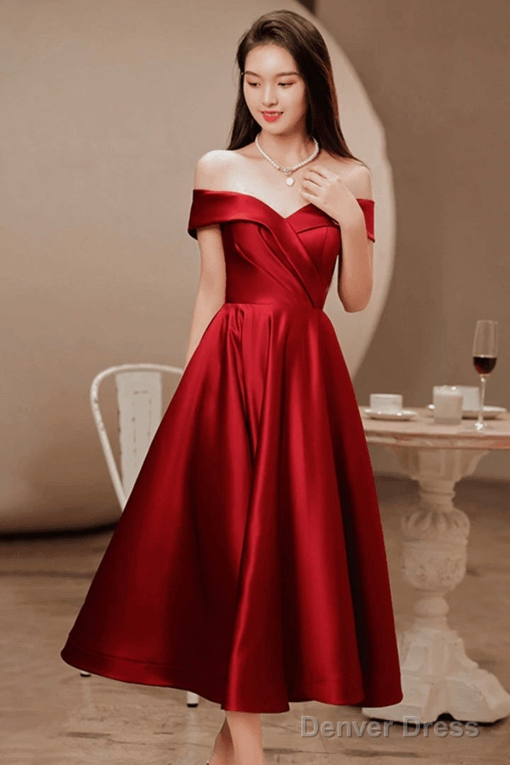 Wine Red Satin Tea Length Bridesmaid Dress Prom Dress, Burgundy Satin Homecoming Dresses