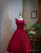 Wine Red Satin Tea Length Prom Dress with Bow, Wine Red Wedding Prom Dresses
