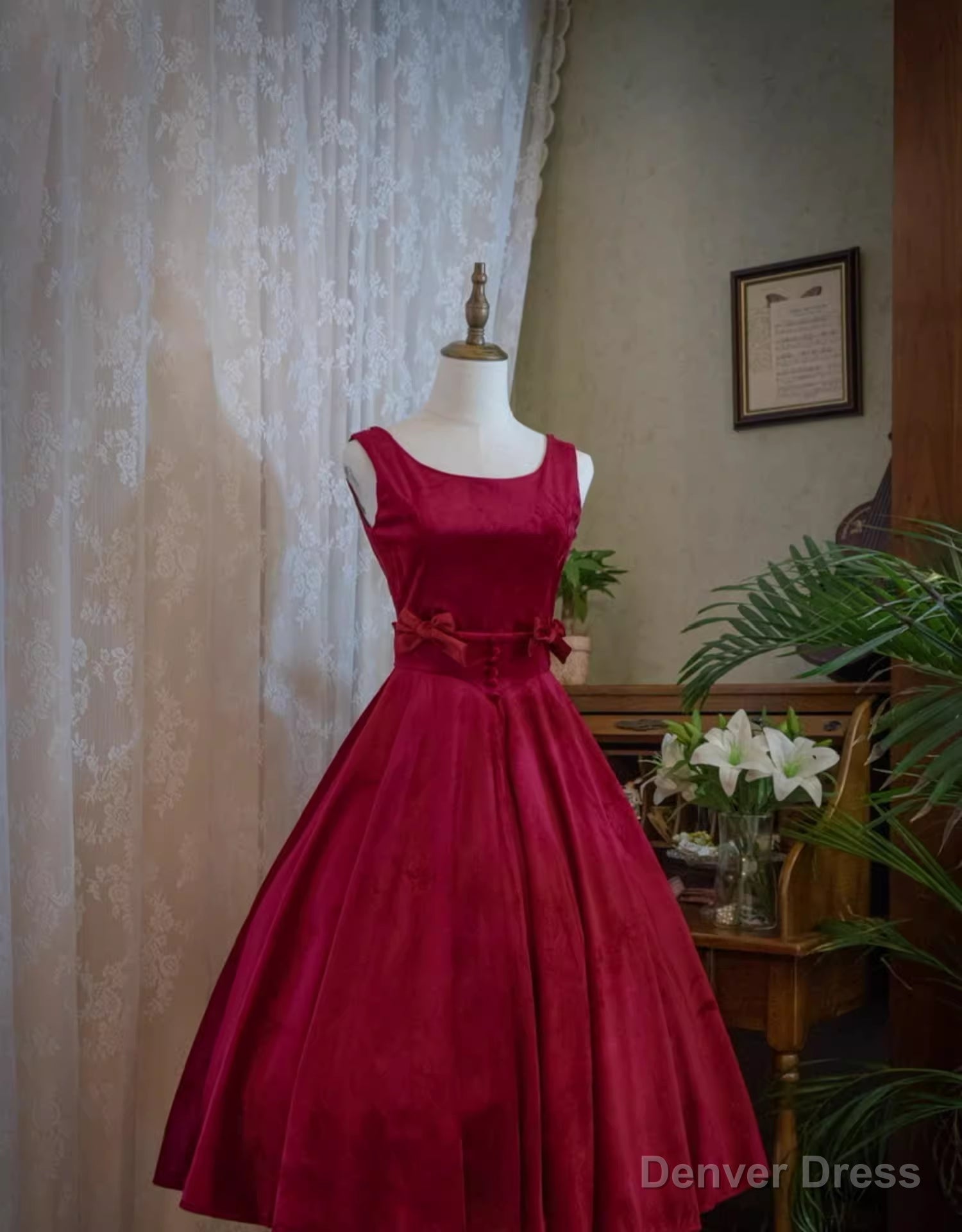 Wine Red Satin Tea Length Prom Dress with Bow, Wine Red Wedding Prom Dresses