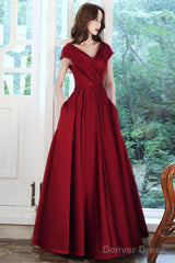 Wine Red Satin V-Neckline Floor Length Party Dress, Wine Red Satin Prom Dress