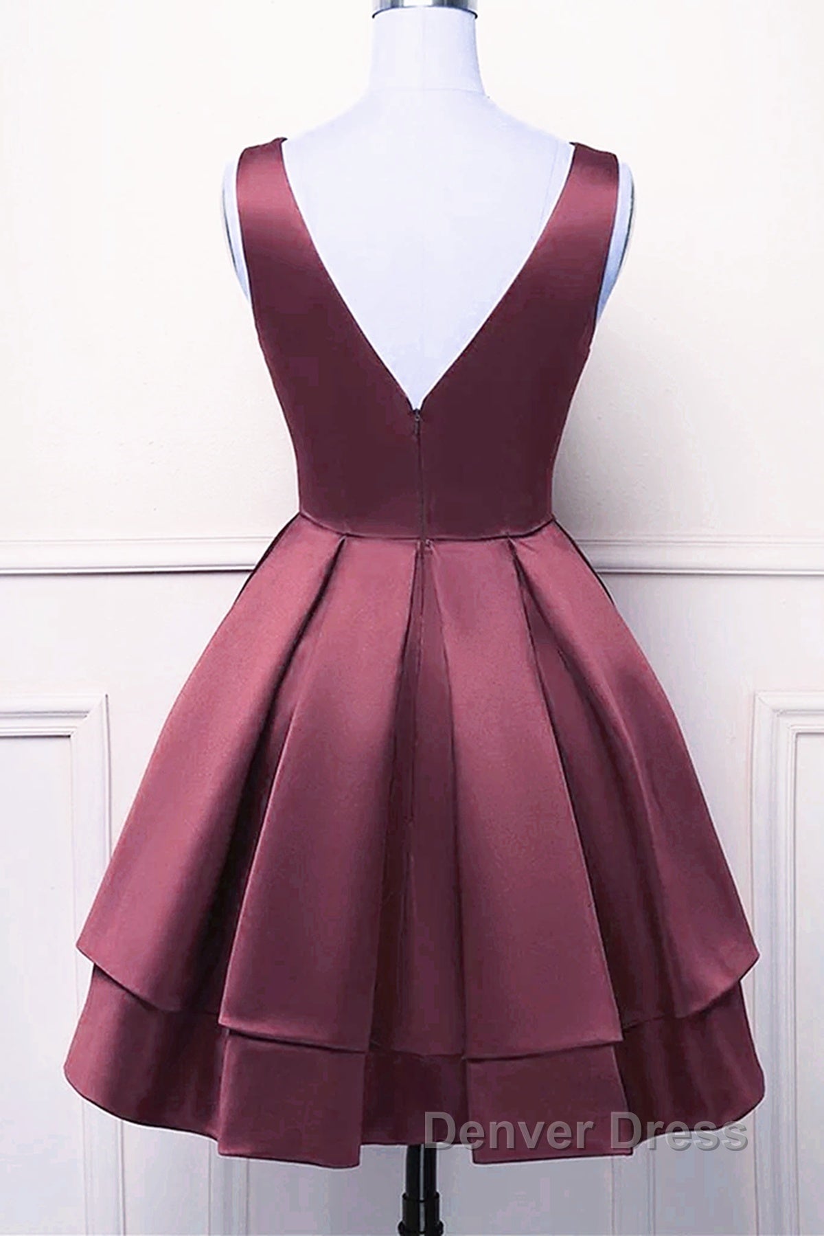 Wine Red Satin V-Neckline Short Party Dresses, Wine Red Homecoming Dresses Secondary image