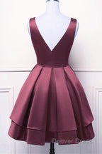 Wine Red Satin V-Neckline Short Party Dresses, Wine Red Homecoming Dresses