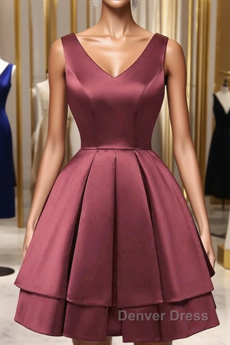Wine Red Satin V-Neckline Short Party Dresses, Wine Red Homecoming Dresses Main image