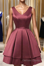 Wine Red Satin V Neckline Short Prom Dress, Wine Red Homecoming Dresses