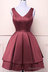 Wine Red Satin V-Neckline Short Party Dress, Wine Red Homecoming Dress