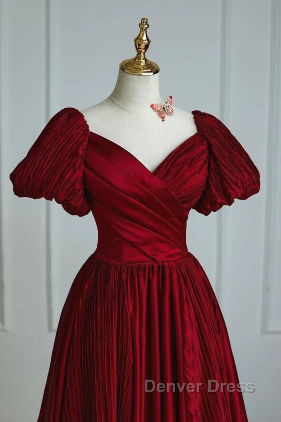 Wine Red Satin V-Neckline Short Sleeves Prom Dresses, Wine Red Long Party Dresses Secondary image