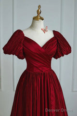 Wine Red Satin V-Neckline Short Sleeves Prom Dress, Wine Red Long Party Dress
