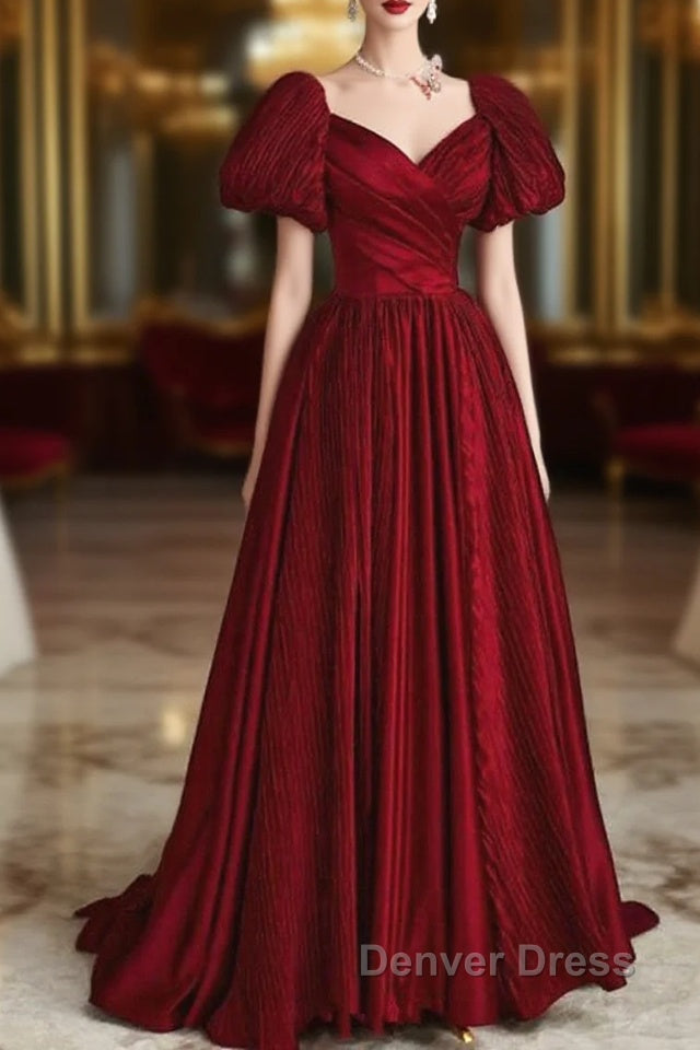 Wine Red Satin V-Neckline Short Sleeves Prom Dresses, Wine Red Long Party Dresses
