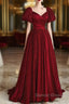 Wine Red Satin V-Neckline Short Sleeves Prom Dresses, Wine Red Long Party Dresses