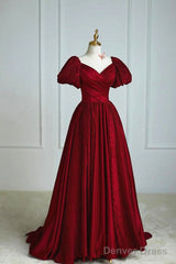 Wine Red Satin V-Neckline Short Sleeves Prom Dress, Wine Red Long Party Dress