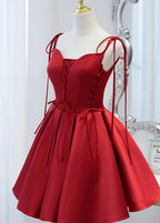 Wine Red Satin V Neckline Straps Beaded Short Prom Dress, Wine Red Prom Dresses