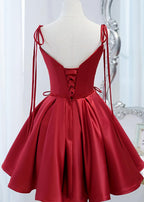 Wine Red Satin V Neckline Straps Beaded Short Prom Dress, Wine Red Prom Dresses