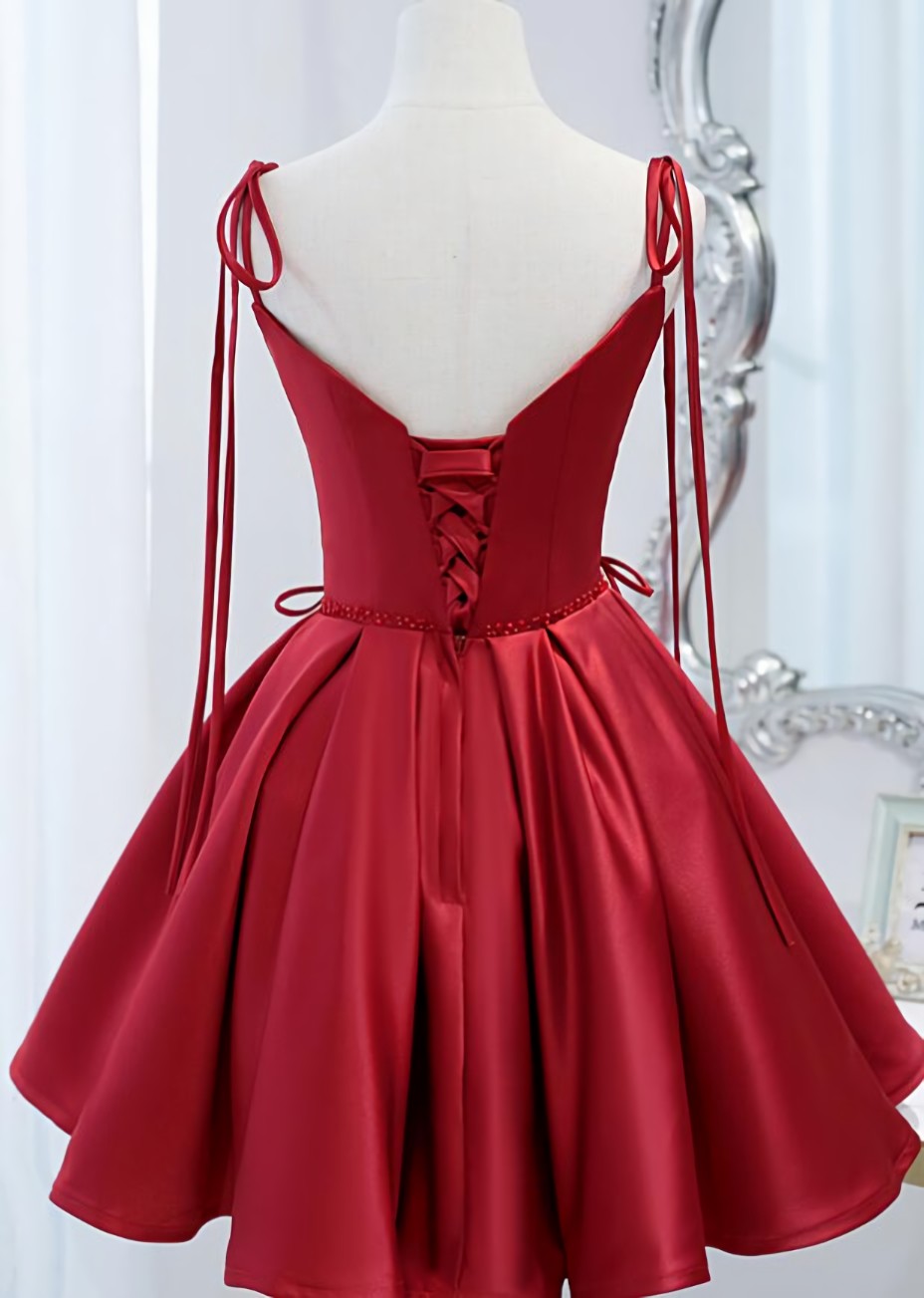 Wine Red Satin V Neckline Straps Beaded Short Prom Dress, Wine Red Prom Dresses