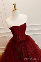 Wine Red Scoop Sweetheart Tulle Ball Gown Prom Dress, Wine Red Tulle Evening Dress