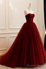 Wine Red Scoop Sweetheart Tulle Ball Gown Prom Dress, Wine Red Tulle Evening Dress