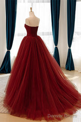 Wine Red Scoop Sweetheart Tulle Ball Gown Prom Dress, Wine Red Tulle Evening Dress