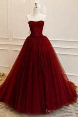 Wine Red Scoop Sweetheart Tulle Ball Gown Prom Dress, Wine Red Tulle Evening Dress