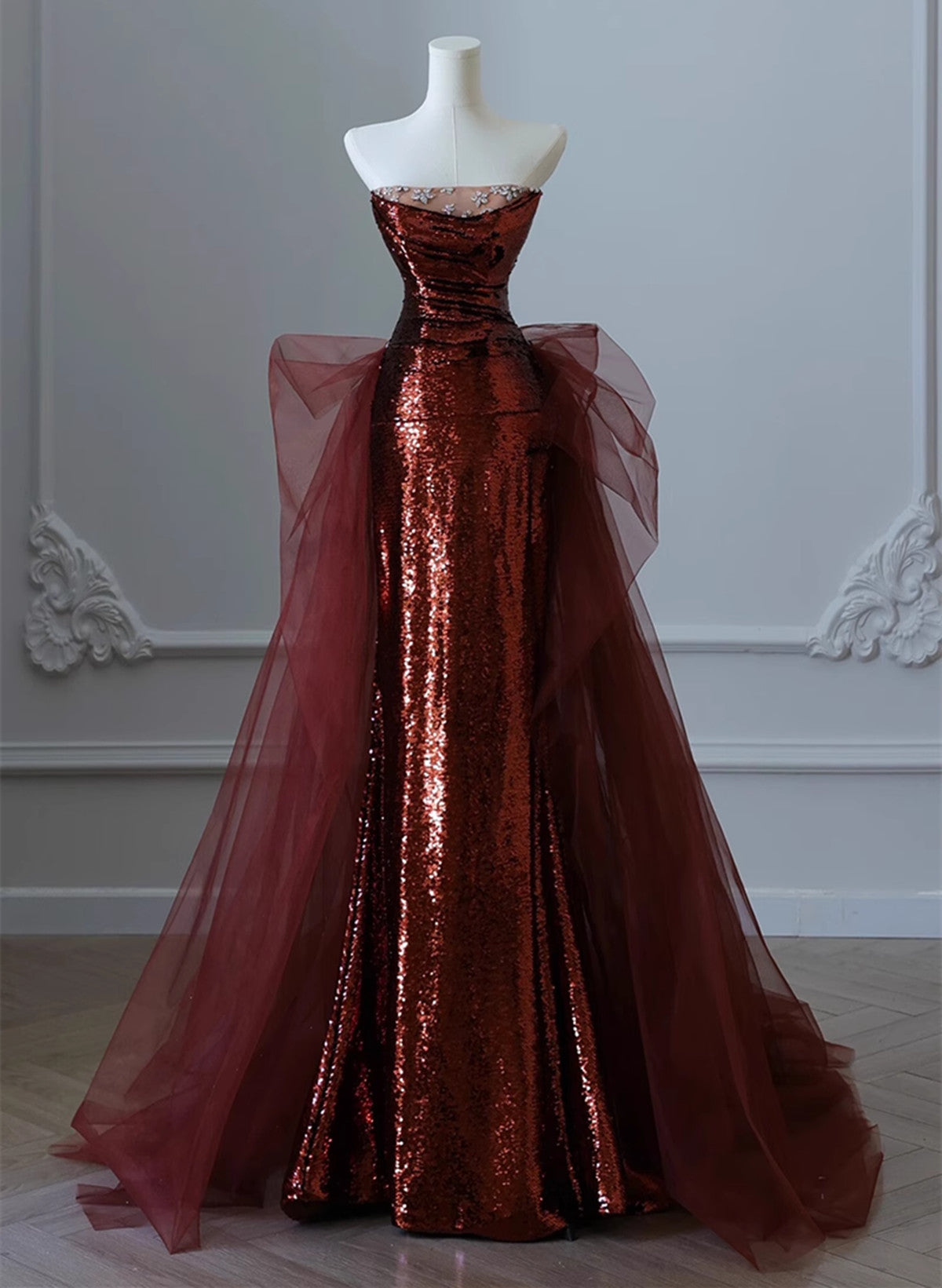 Wine Red Sequins And Tulle Beaded Long Prom Dress, Wine Red Prom Dresses Main image
