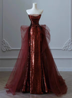 Wine Red Sequins And Tulle Beaded Long Prom Dress, Wine Red Prom Dresses