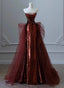 Wine Red Sequins And Tulle Beaded Long Prom Dress, Wine Red Prom Dresses