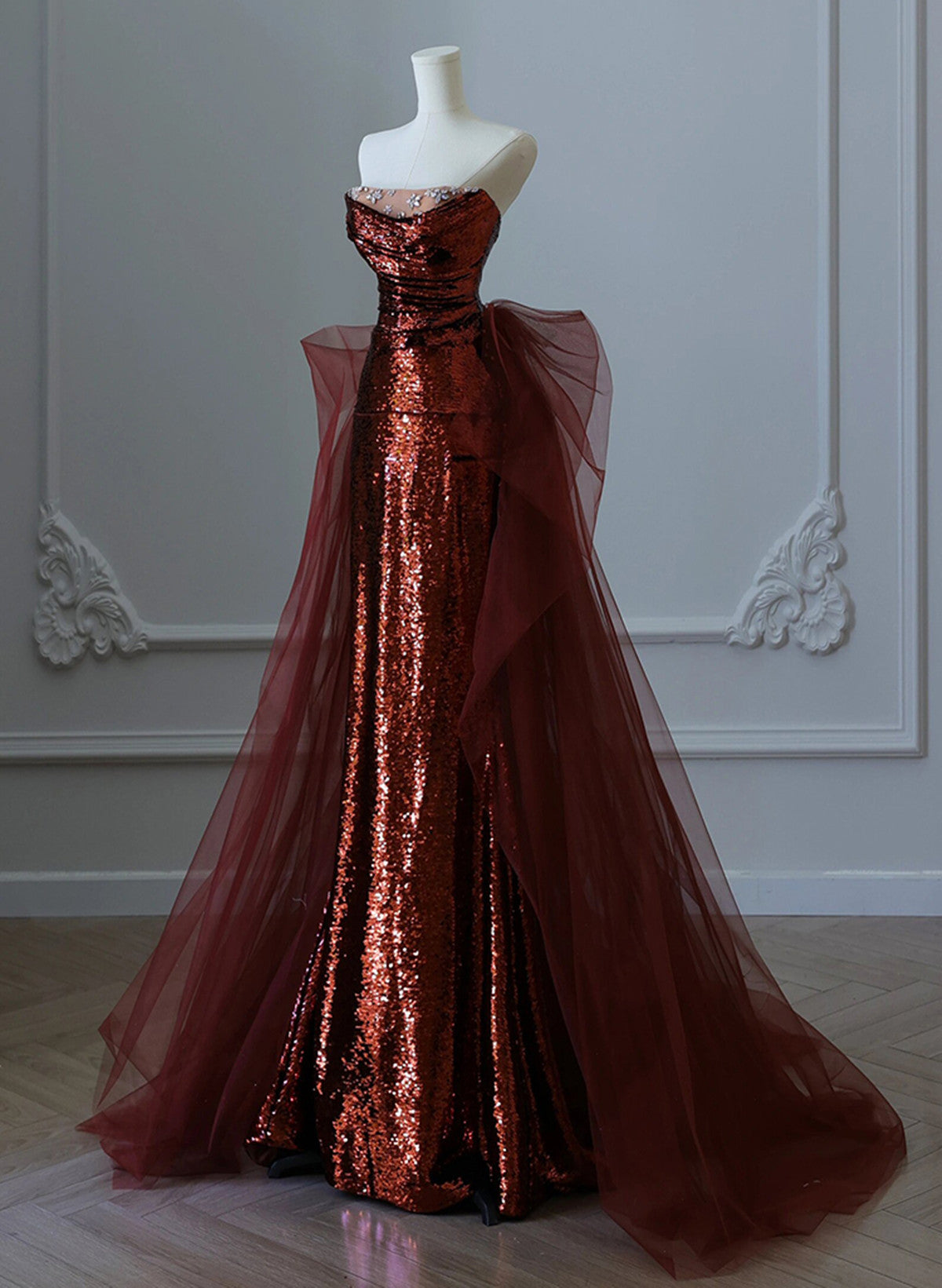 Wine Red Sequins And Tulle Beaded Long Prom Dress, Wine Red Prom Dresses