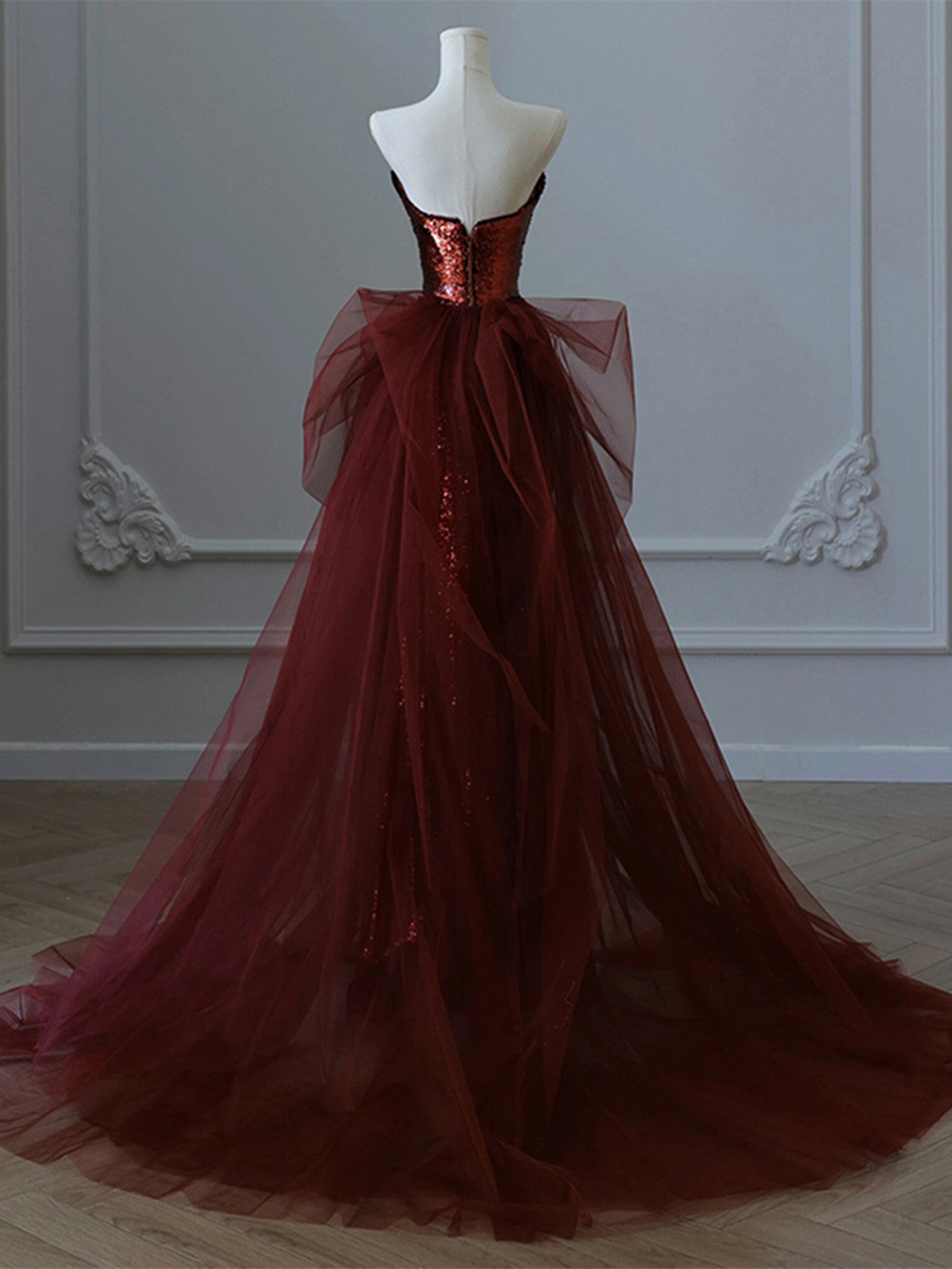 Wine Red Sequins And Tulle Beaded Long Prom Dress, Wine Red Prom Dresses