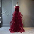 Wine Red Sequins and Tulle Halter Long Prom Dress, Wine Red Prom Dresses