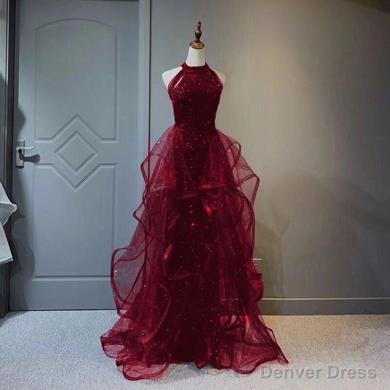 Wine Red Sequins and Tulle Halter Long Prom Dress, Wine Red Prom Dresses