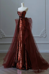 Wine Red Sequins And Tulle Long Formal Dress, Wine Red Prom Dress