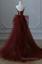 Wine Red Sequins And Tulle Long Formal Dresses, Wine Red Prom Dresses