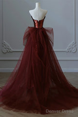 Wine Red Sequins And Tulle Long Formal Dress, Wine Red Prom Dress