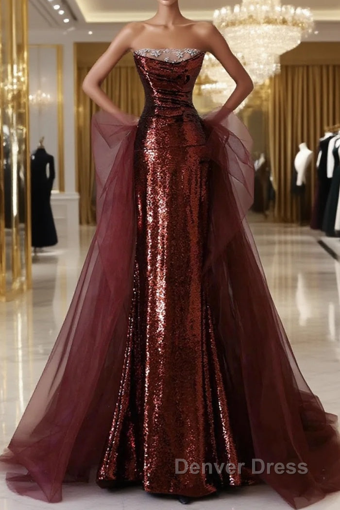 Wine Red Sequins And Tulle Long Formal Dresses, Wine Red Prom Dresses Main image