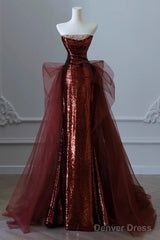 Wine Red Sequins And Tulle Long Formal Dress, Wine Red Prom Dress