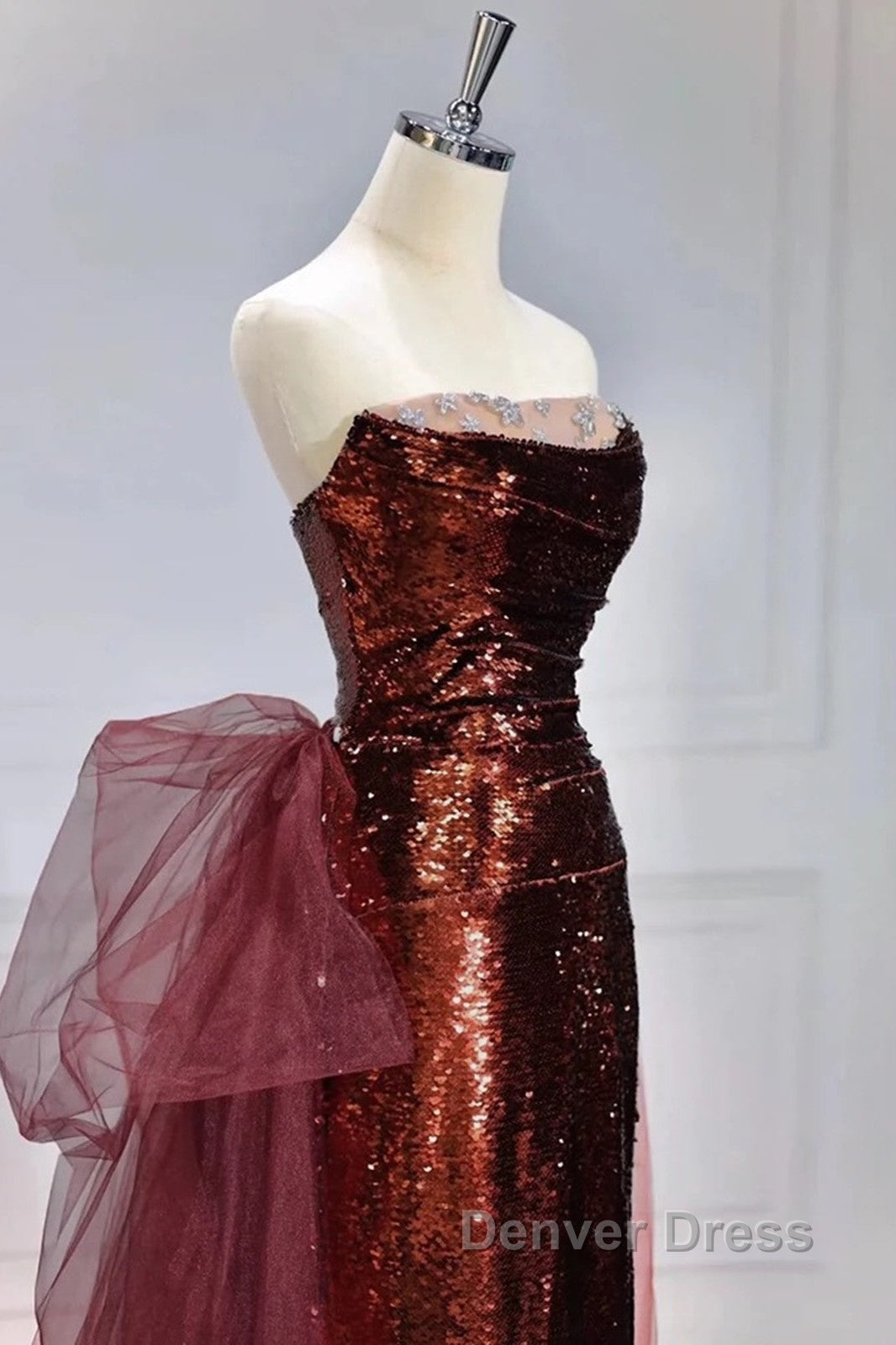 Wine Red Sequins Long Party Dresses With Tulle, Wine Red Long Formal Dresses Prom Dresses Secondary image