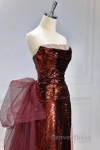 Wine Red Sequins Long Party Dresses With Tulle, Wine Red Long Formal Dresses Prom Dresses