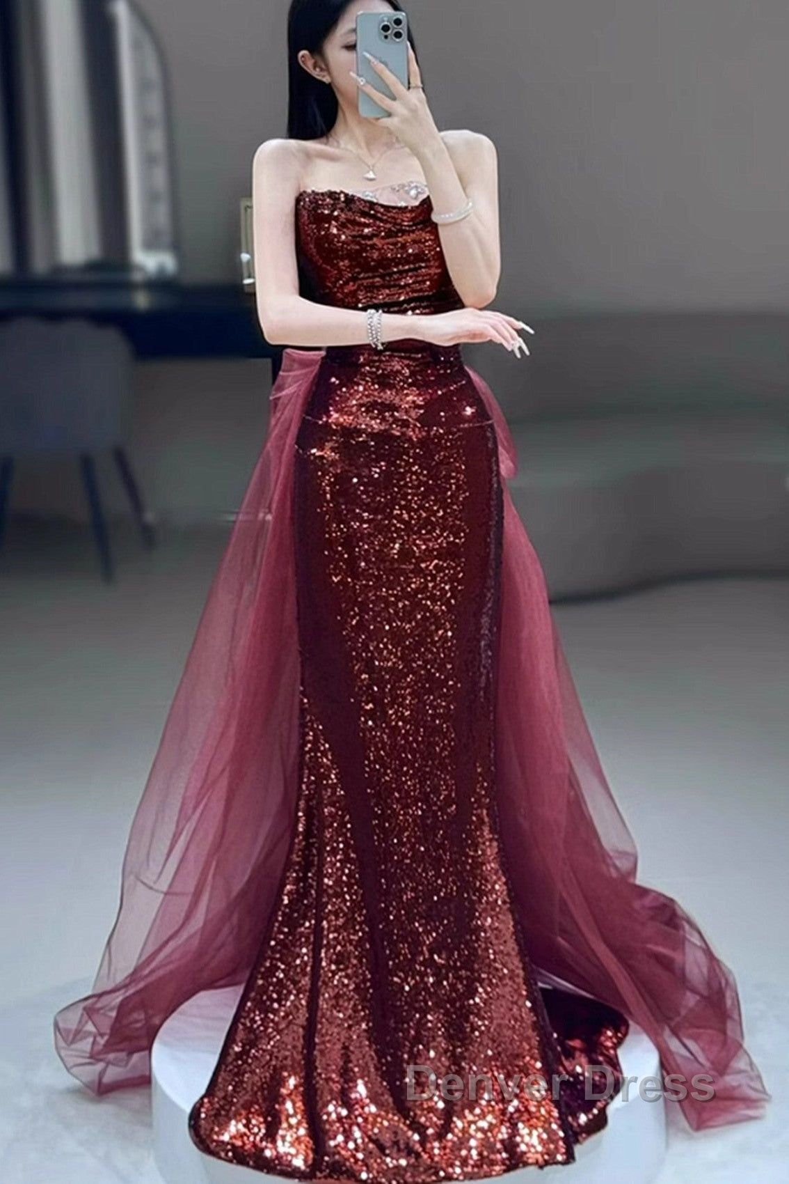 Wine Red Sequins Long Party Dresses With Tulle, Wine Red Long Formal Dresses Prom Dresses