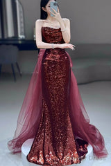 Wine Red Sequins Long Party Dress With Tulle, Wine Red Long Formal Dress Prom Dress