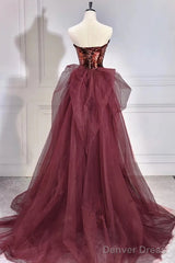 Wine Red Sequins Long Party Dress With Tulle, Wine Red Long Formal Dress Prom Dress