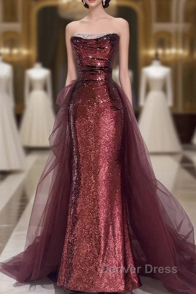 Wine Red Sequins Long Party Dresses With Tulle, Wine Red Long Formal Dresses Prom Dresses